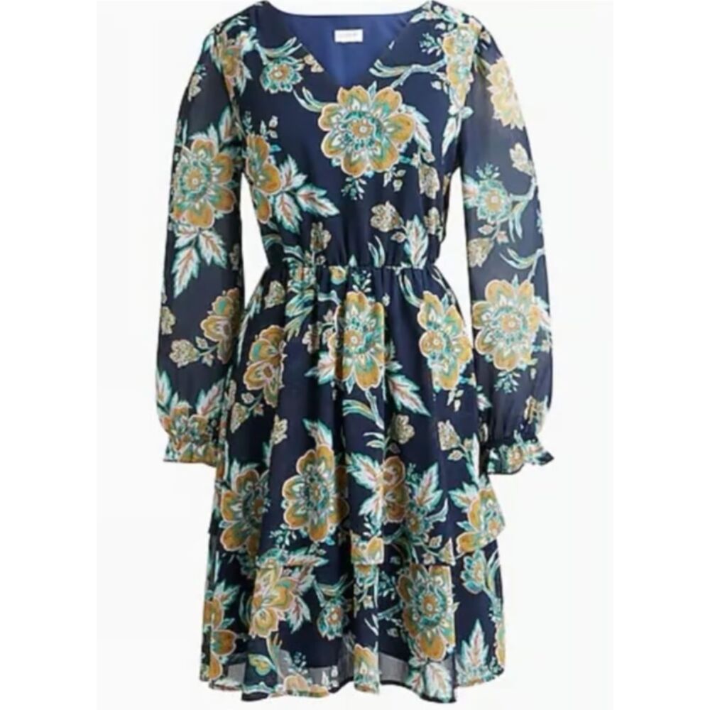 J. Crew Tiered Floral Dress Women's 2 Blue Long Sleeve Holiday V-Neck Boho NWT